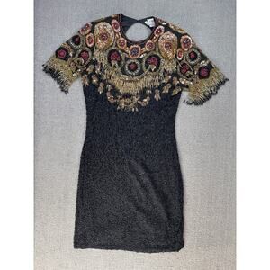 Vtg Jacqueline Ferrar Dress Silk Beaded Cocktail Black Gold Size 6